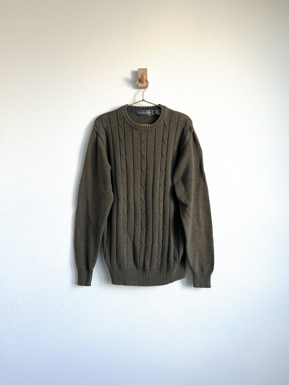 Oscar de la Renta Old Money Cable Knit Olive Green Ribbed Crewneck Sweater